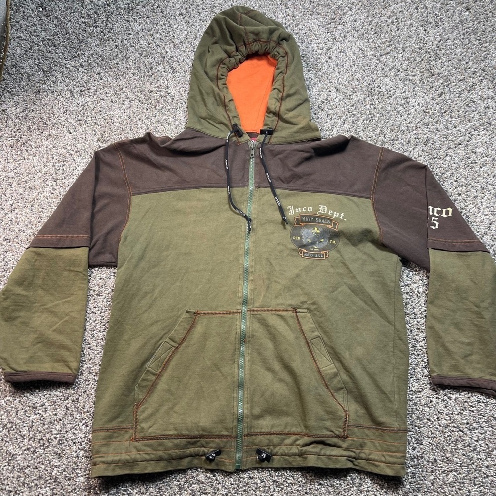 JNCO Jeans Navy Seals Men's XL Full Zip Hoodie Green Brown Graphic Y2K